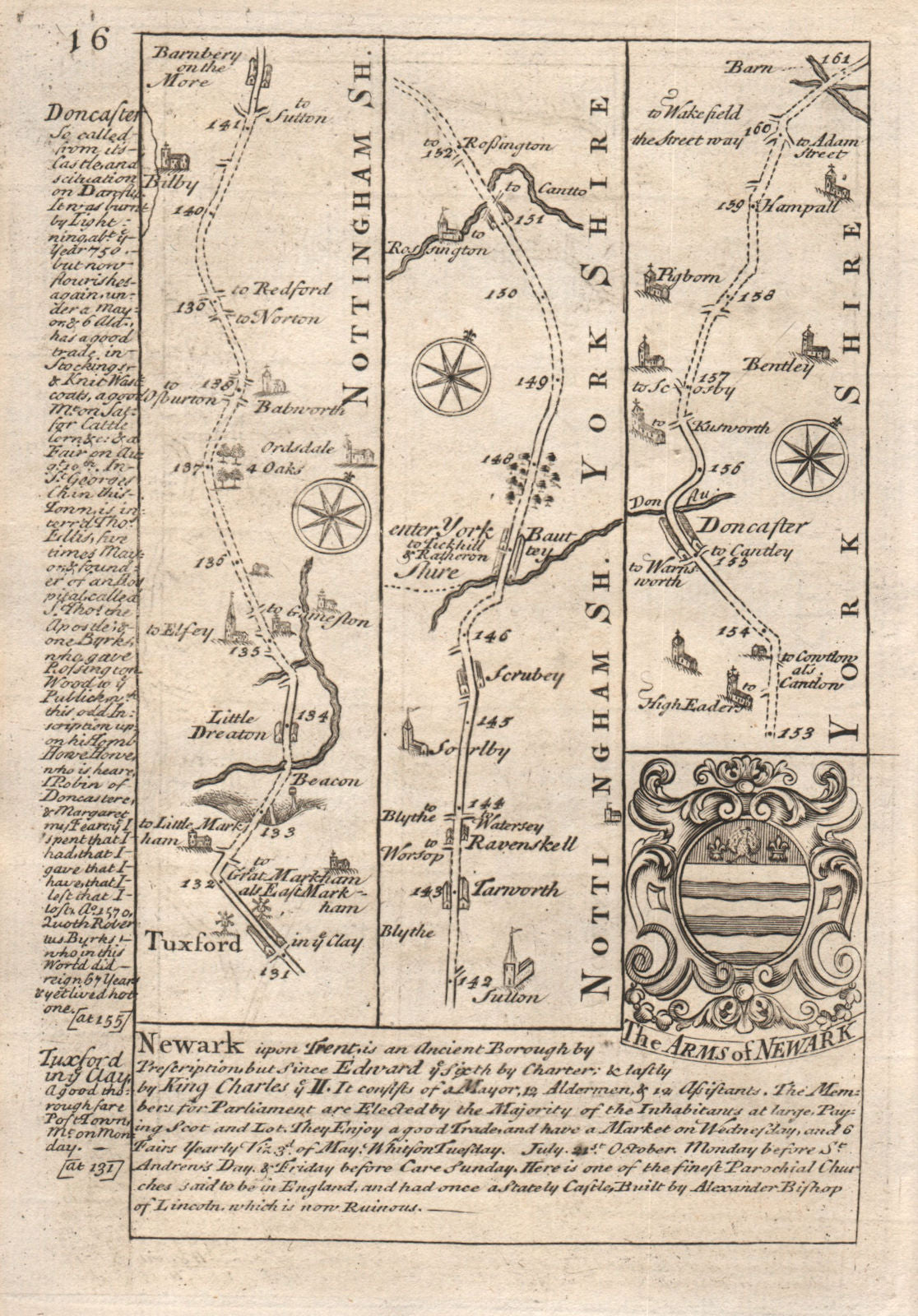Tuxford-Barnby Moor-Bawtry-Doncaster road strip map by J. OWEN & E. BOWEN 1753